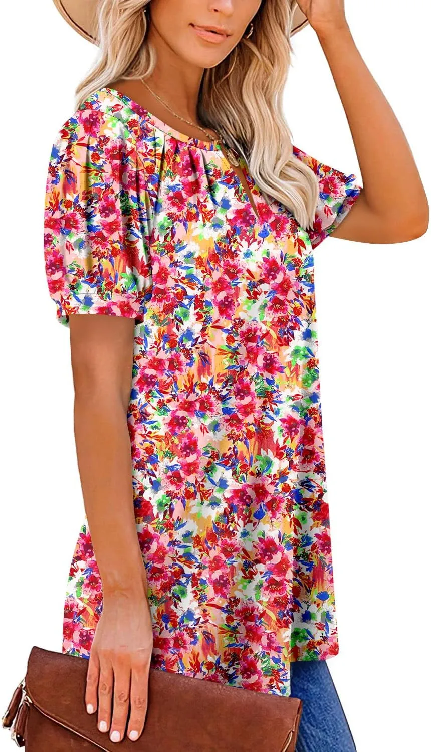BETTE BOUTIK Womens Crewneck Short Sleeve KeyholeSummer Tunic Tops Pleated Shirts Blouses S-3XL