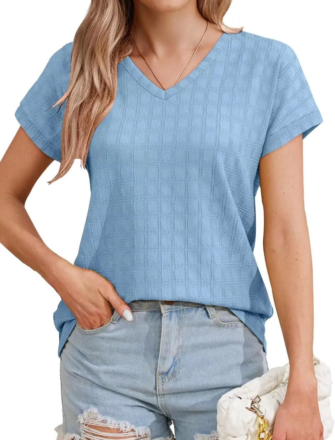 Bliwov Womens Summer Texture Tops Dressy Casual V Neck Short Sleeve T Shirts for Women 2025 Going Out Trendy Basic Outfits