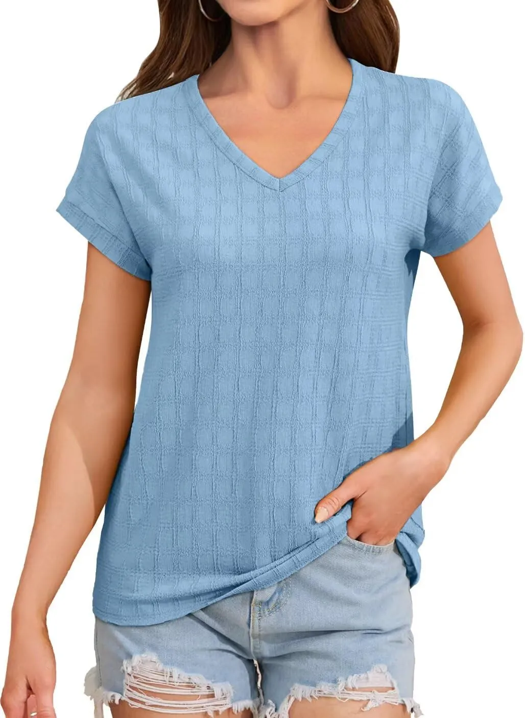 Bliwov Womens Summer Texture Tops Dressy Casual V Neck Short Sleeve T Shirts for Women 2025 Going Out Trendy Basic Outfits