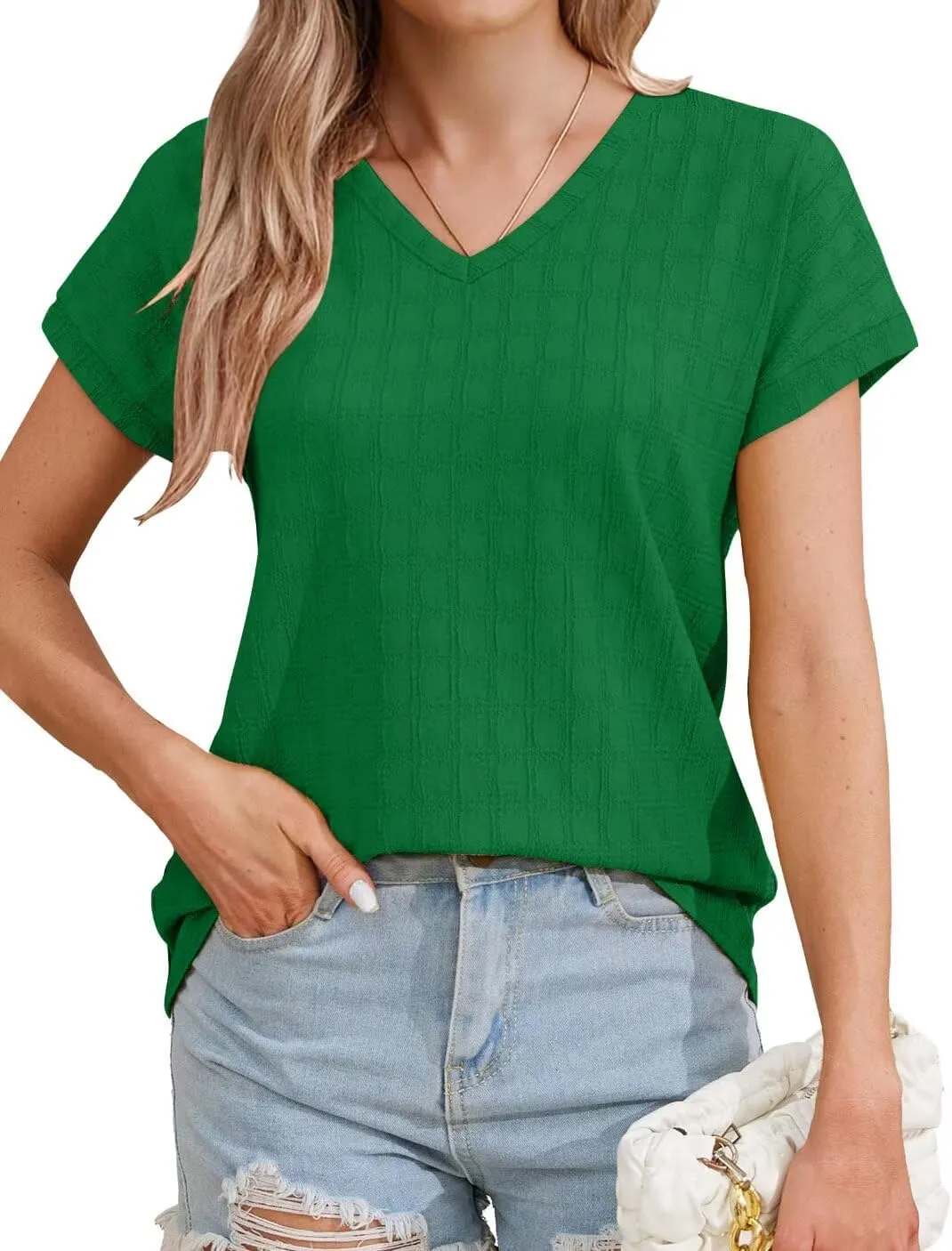 Bliwov Womens Summer Texture Tops Dressy Casual V Neck Short Sleeve T Shirts for Women 2025 Going Out Trendy Basic Outfits