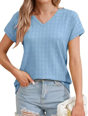 Bliwov Womens Summer Texture Tops Dressy Casual V Neck Short Sleeve T Shirts for Women 2025 Going Out Trendy Basic Outfits