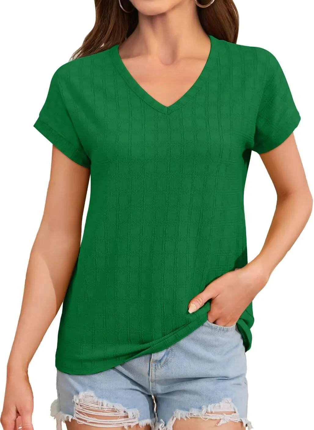 Bliwov Womens Summer Texture Tops Dressy Casual V Neck Short Sleeve T Shirts for Women 2025 Going Out Trendy Basic Outfits