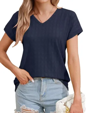 Bliwov Womens Summer Texture Tops Dressy Casual V Neck Short Sleeve T Shirts for Women 2025 Going Out Trendy Basic Outfits