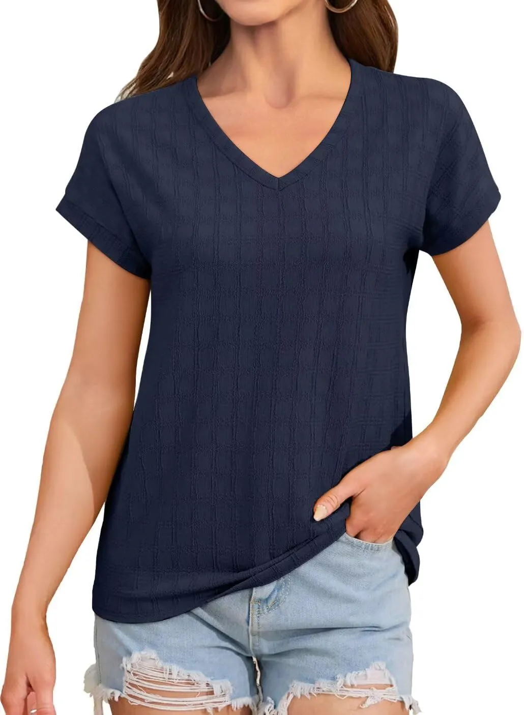 Bliwov Womens Summer Texture Tops Dressy Casual V Neck Short Sleeve T Shirts for Women 2025 Going Out Trendy Basic Outfits