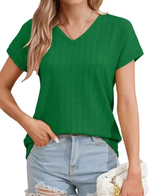 Bliwov Womens Summer Texture Tops Dressy Casual V Neck Short Sleeve T Shirts for Women 2025 Going Out Trendy Basic Outfits