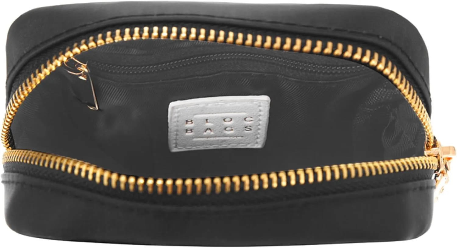 BLOC Bags Travel Makeup Bag, Cosmetic Bags for Women, Mini Makeup Bag, Cute Toiletry Bag, Beauty Bag with Chenille Patch, with Inside Zipper Pouch and Mesh Pockets (Pill, Black)