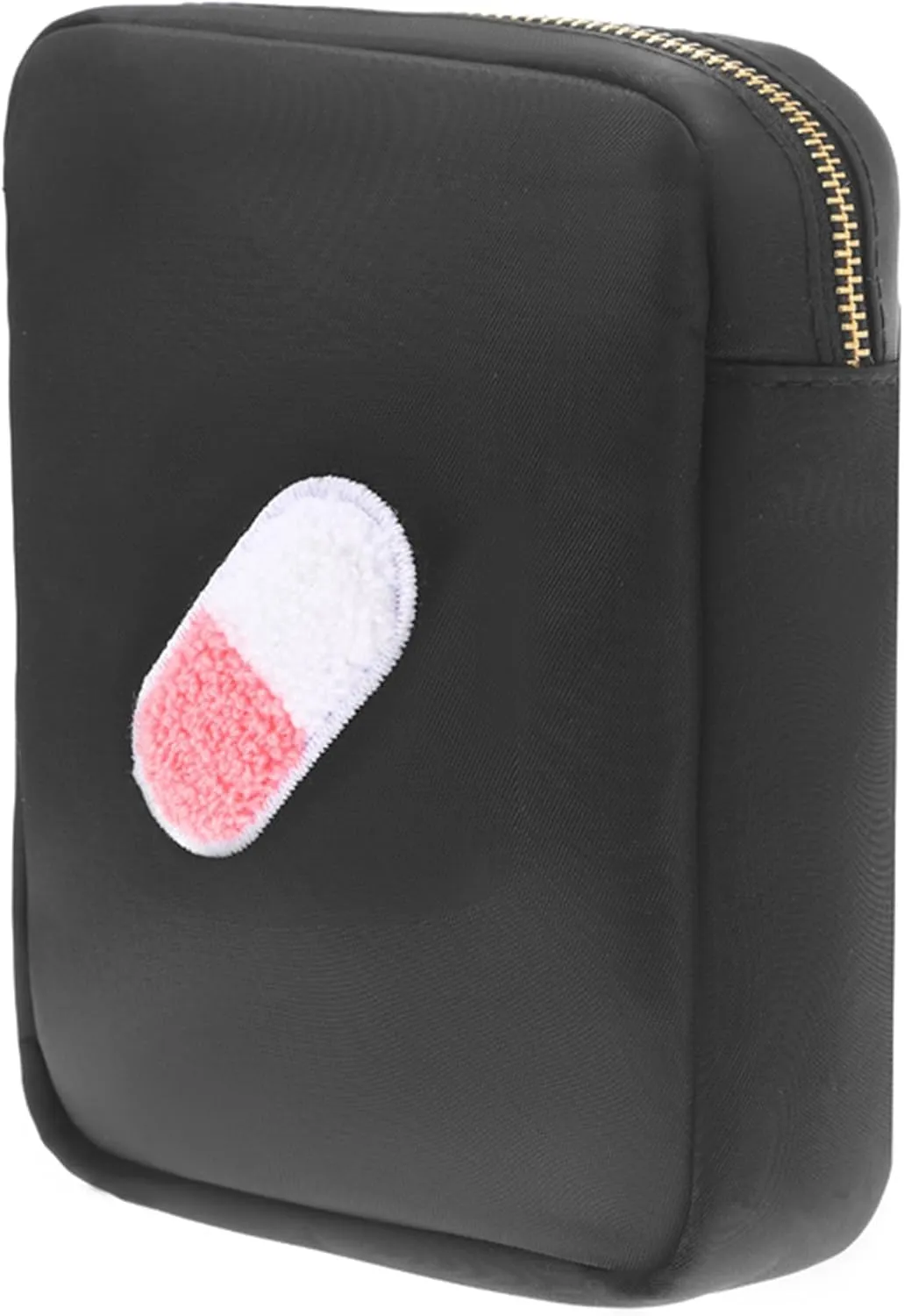 BLOC Bags Travel Makeup Bag, Cosmetic Bags for Women, Mini Makeup Bag, Cute Toiletry Bag, Beauty Bag with Chenille Patch, with Inside Zipper Pouch and Mesh Pockets (Pill, Black)