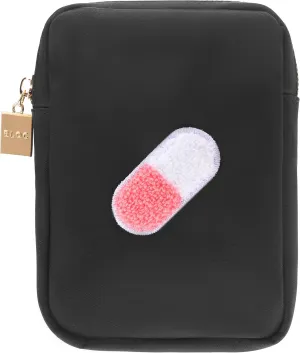 BLOC Bags Travel Makeup Bag, Cosmetic Bags for Women, Mini Makeup Bag, Cute Toiletry Bag, Beauty Bag with Chenille Patch, with Inside Zipper Pouch and Mesh Pockets (Pill, Black)