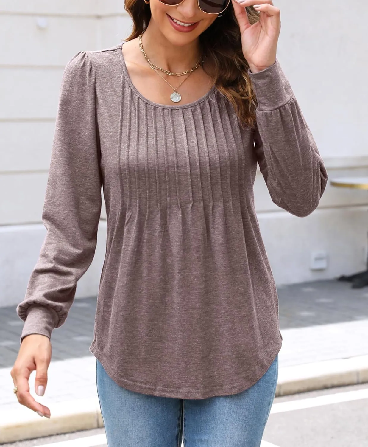 Bluetime Women's Puff Long Sleeve Pleated Front Scoop Neck Tunic Tops Fall Tshirts Shirts Blouses