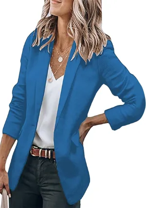 BOFETA Women's Long Sleeve Blazer One Button Solid Color Pocket Jacket Blazer Notched Collar Coat