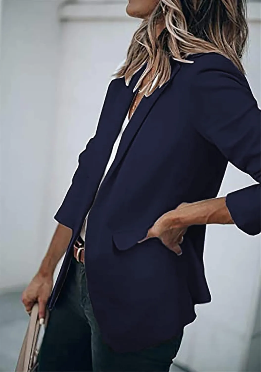 BOFETA Women's Long Sleeve Blazer One Button Solid Color Pocket Jacket Blazer Notched Collar Coat