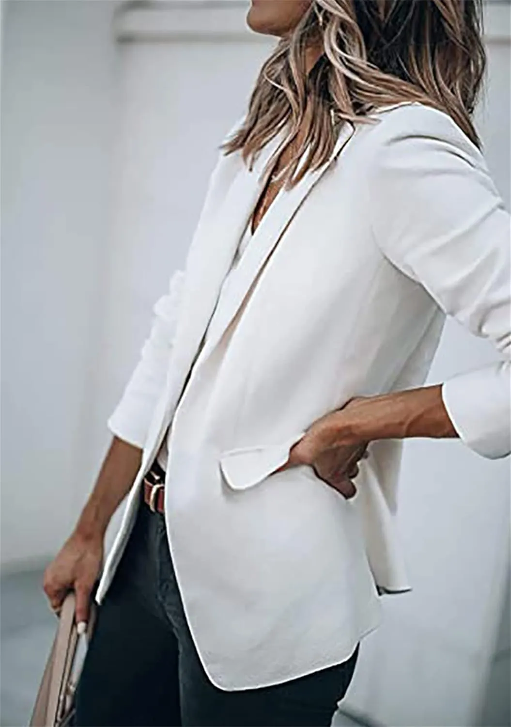 BOFETA Women's Long Sleeve Blazer One Button Solid Color Pocket Jacket Blazer Notched Collar Coat