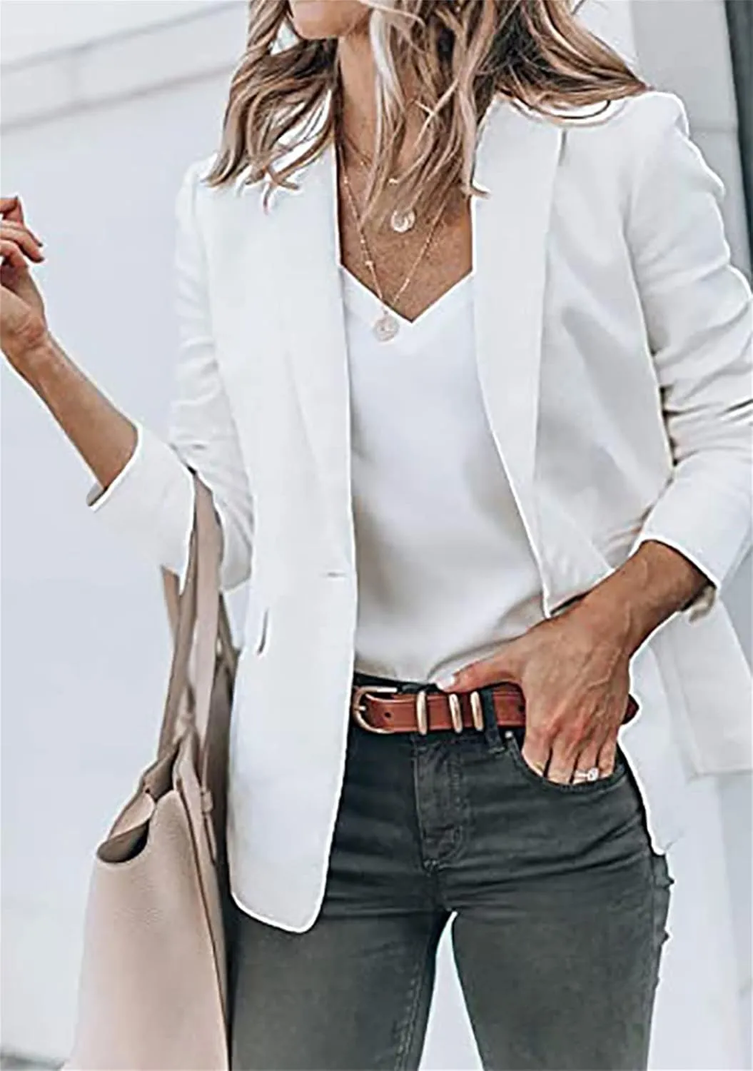 BOFETA Women's Long Sleeve Blazer One Button Solid Color Pocket Jacket Blazer Notched Collar Coat