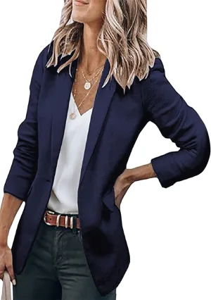 BOFETA Women's Long Sleeve Blazer One Button Solid Color Pocket Jacket Blazer Notched Collar Coat