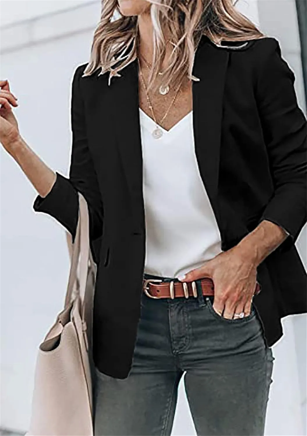 BOFETA Women's Long Sleeve Blazer One Button Solid Color Pocket Jacket Blazer Notched Collar Coat