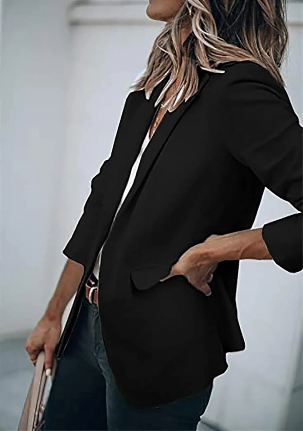 BOFETA Women's Long Sleeve Blazer One Button Solid Color Pocket Jacket Blazer Notched Collar Coat