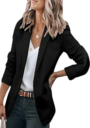 BOFETA Women's Long Sleeve Blazer One Button Solid Color Pocket Jacket Blazer Notched Collar Coat