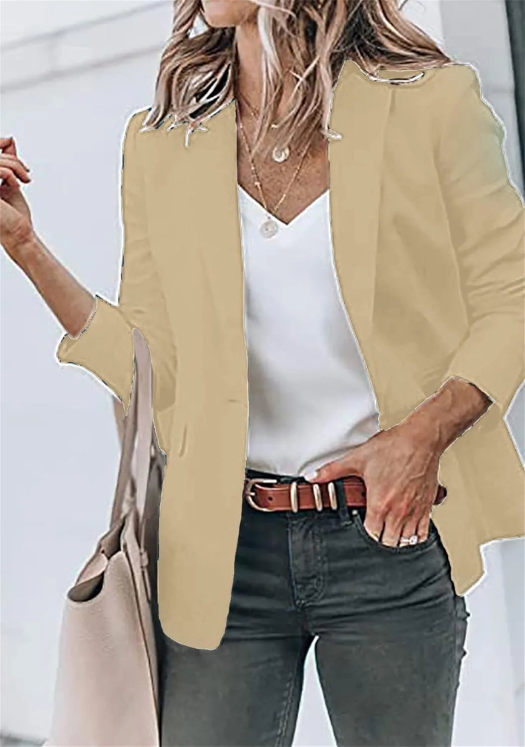 BOFETA Women's Long Sleeve Blazer One Button Solid Color Pocket Jacket Blazer Notched Collar Coat