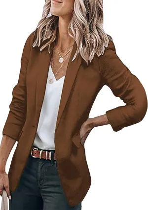 BOFETA Women's Long Sleeve Blazer One Button Solid Color Pocket Jacket Blazer Notched Collar Coat