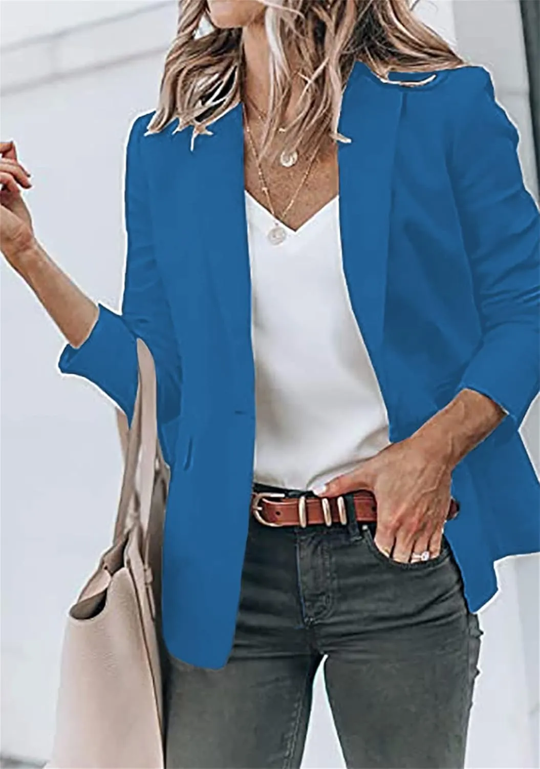 BOFETA Women's Long Sleeve Blazer One Button Solid Color Pocket Jacket Blazer Notched Collar Coat