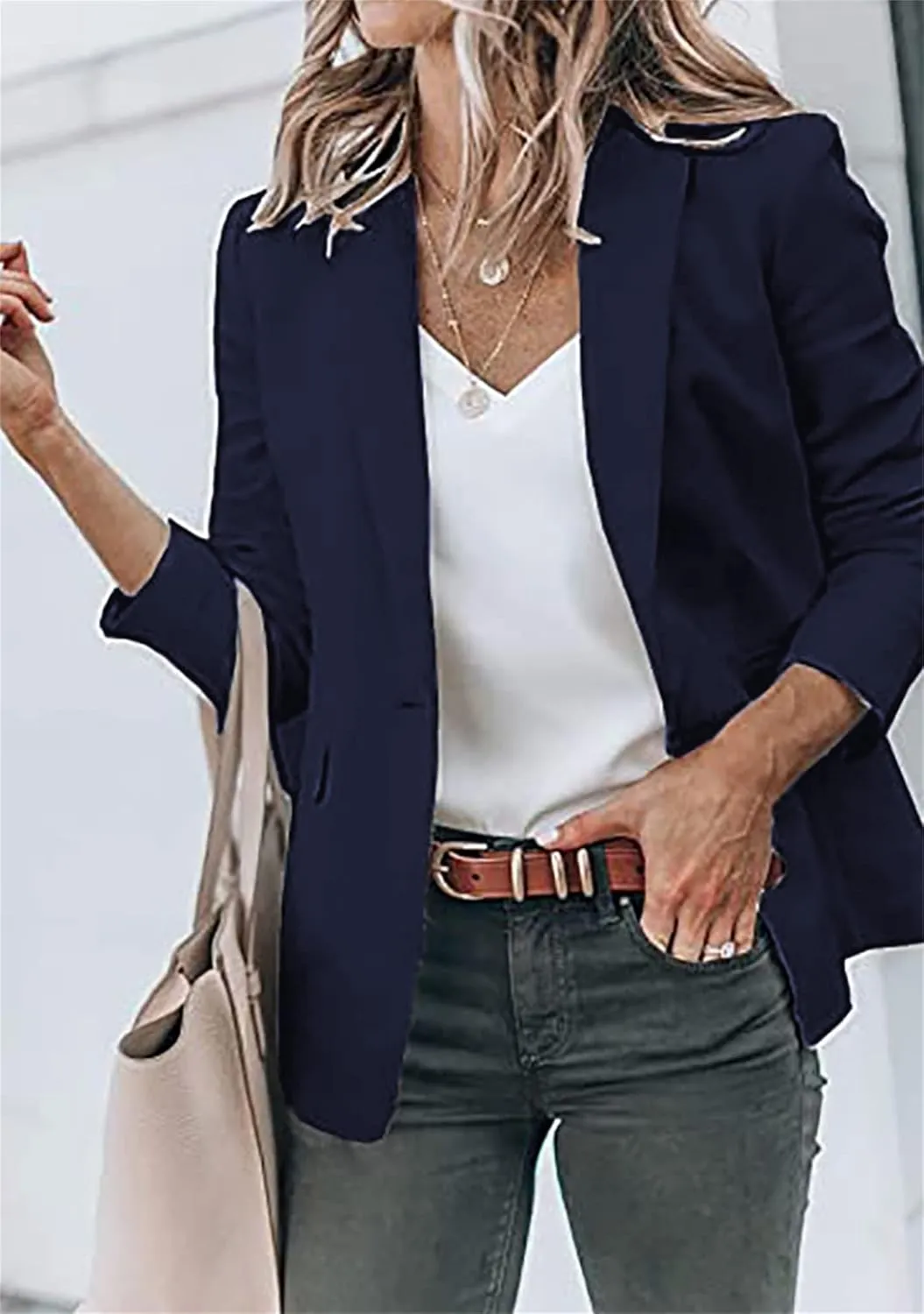 BOFETA Women's Long Sleeve Blazer One Button Solid Color Pocket Jacket Blazer Notched Collar Coat