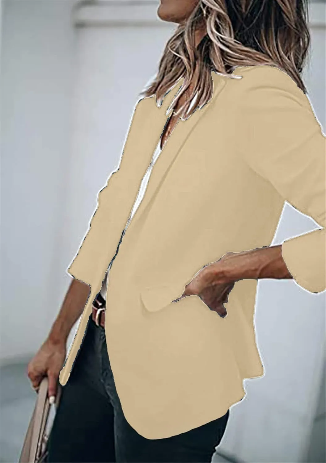 BOFETA Women's Long Sleeve Blazer One Button Solid Color Pocket Jacket Blazer Notched Collar Coat