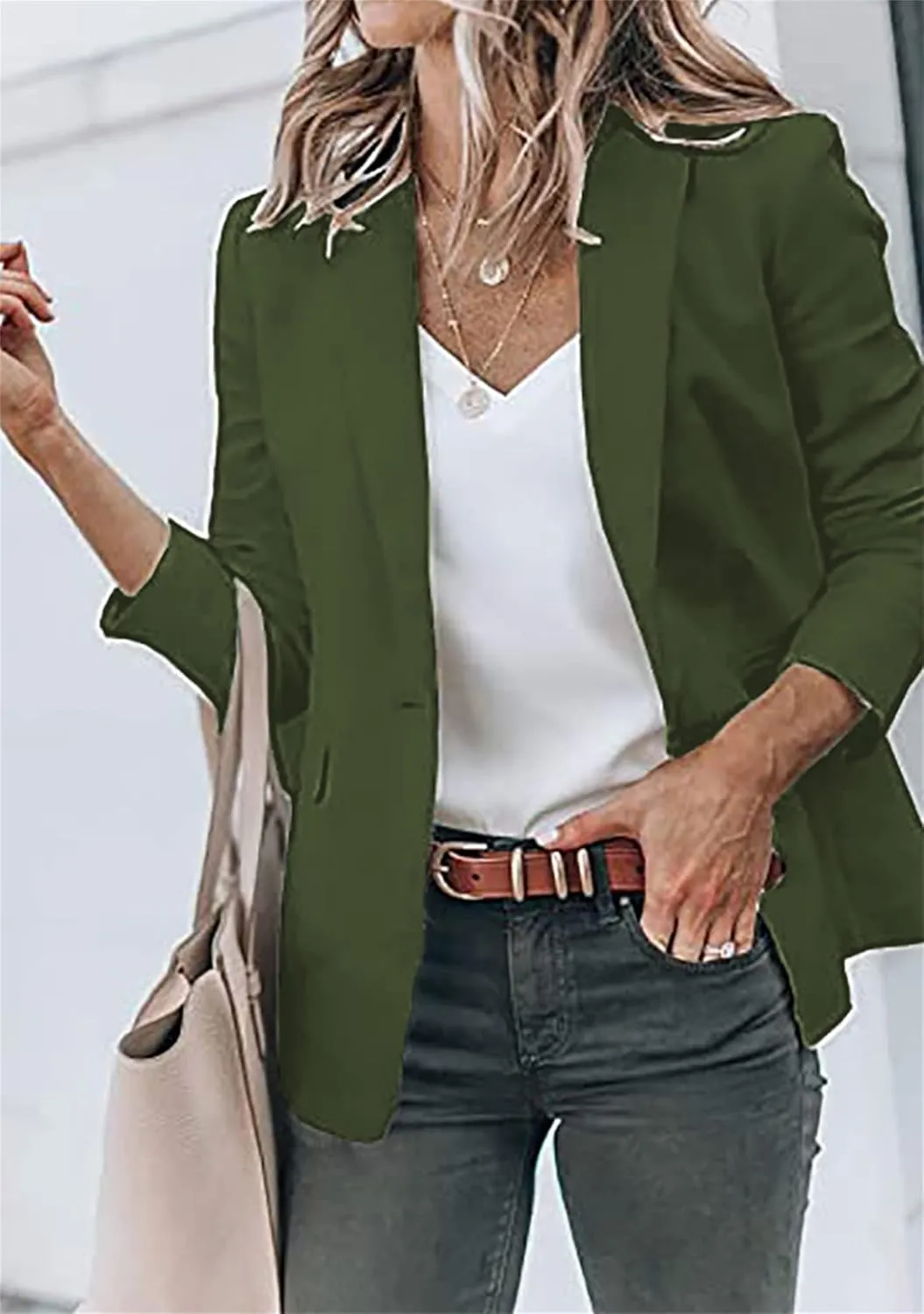 BOFETA Women's Long Sleeve Blazer One Button Solid Color Pocket Jacket Blazer Notched Collar Coat