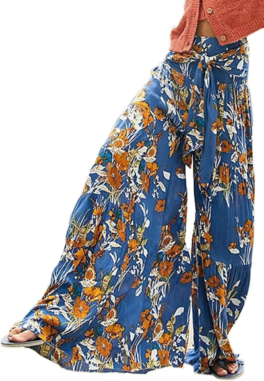 Boho Wide Leg Pants for Women High Waist Summer Flowy Beach Palazzo Pants with Belt Loose Yoga Trousers
