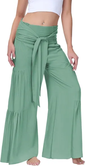 Boho Wide Leg Pants for Women High Waist Summer Flowy Beach Palazzo Pants with Belt Loose Yoga Trousers