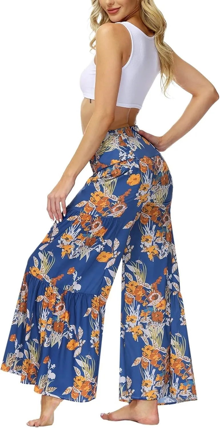 Boho Wide Leg Pants for Women High Waist Summer Flowy Beach Palazzo Pants with Belt Loose Yoga Trousers