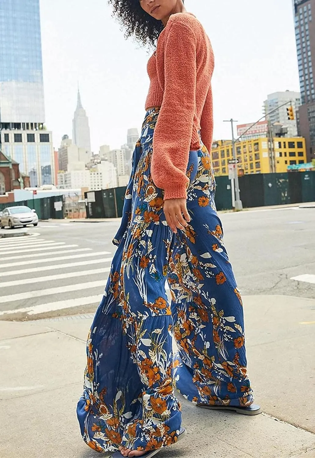 Boho Wide Leg Pants for Women High Waist Summer Flowy Beach Palazzo Pants with Belt Loose Yoga Trousers