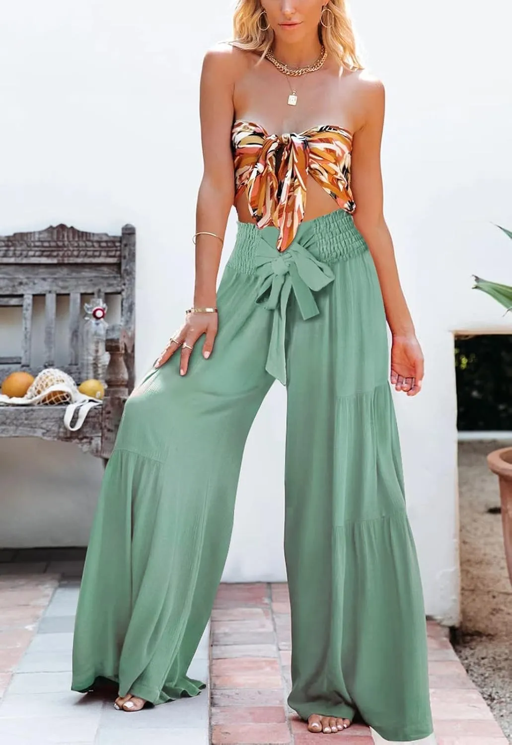 Boho Wide Leg Pants for Women High Waist Summer Flowy Beach Palazzo Pants with Belt Loose Yoga Trousers