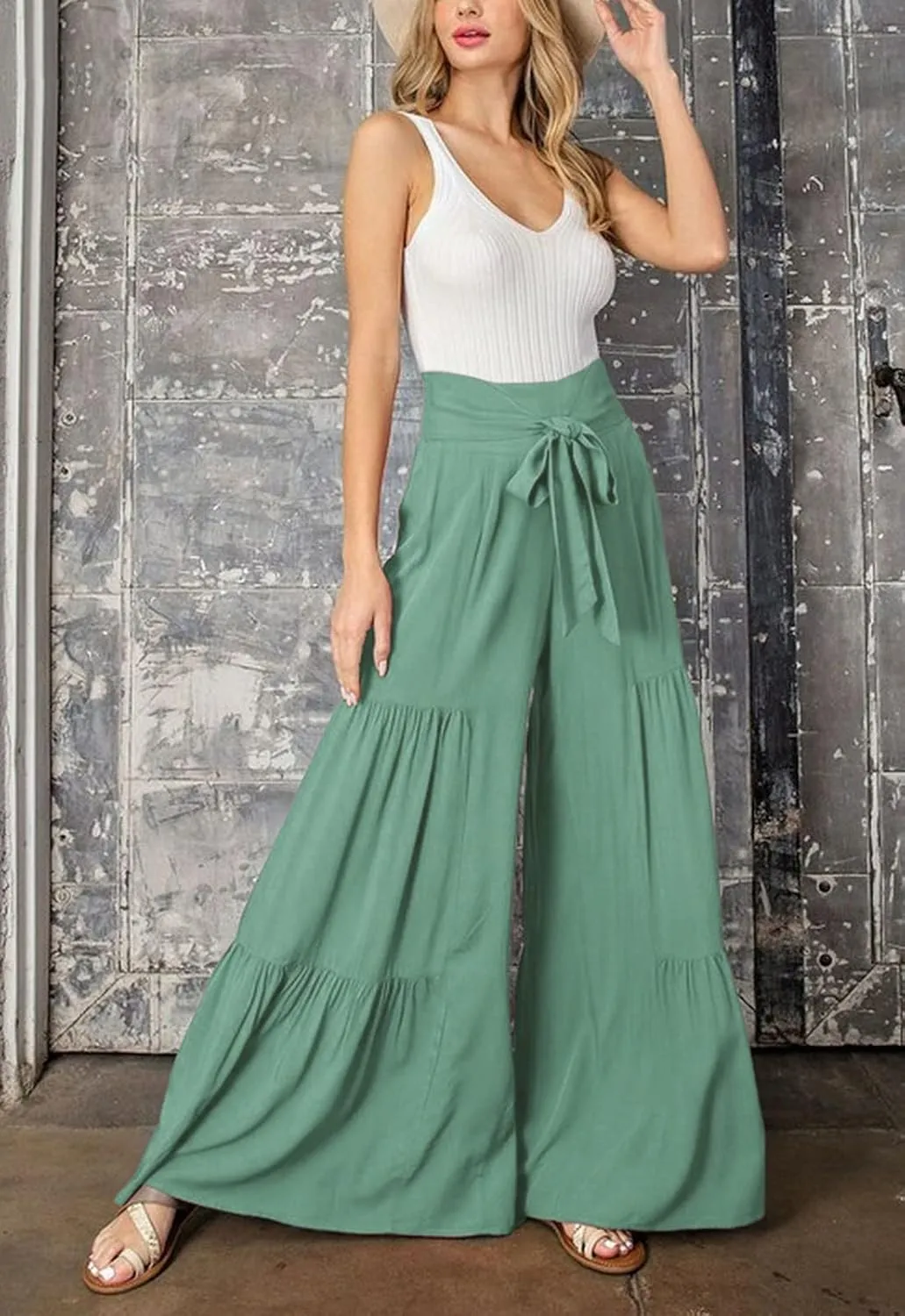 Boho Wide Leg Pants for Women High Waist Summer Flowy Beach Palazzo Pants with Belt Loose Yoga Trousers