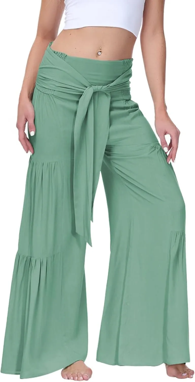 Boho Wide Leg Pants for Women High Waist Summer Flowy Beach Palazzo Pants with Belt Loose Yoga Trousers