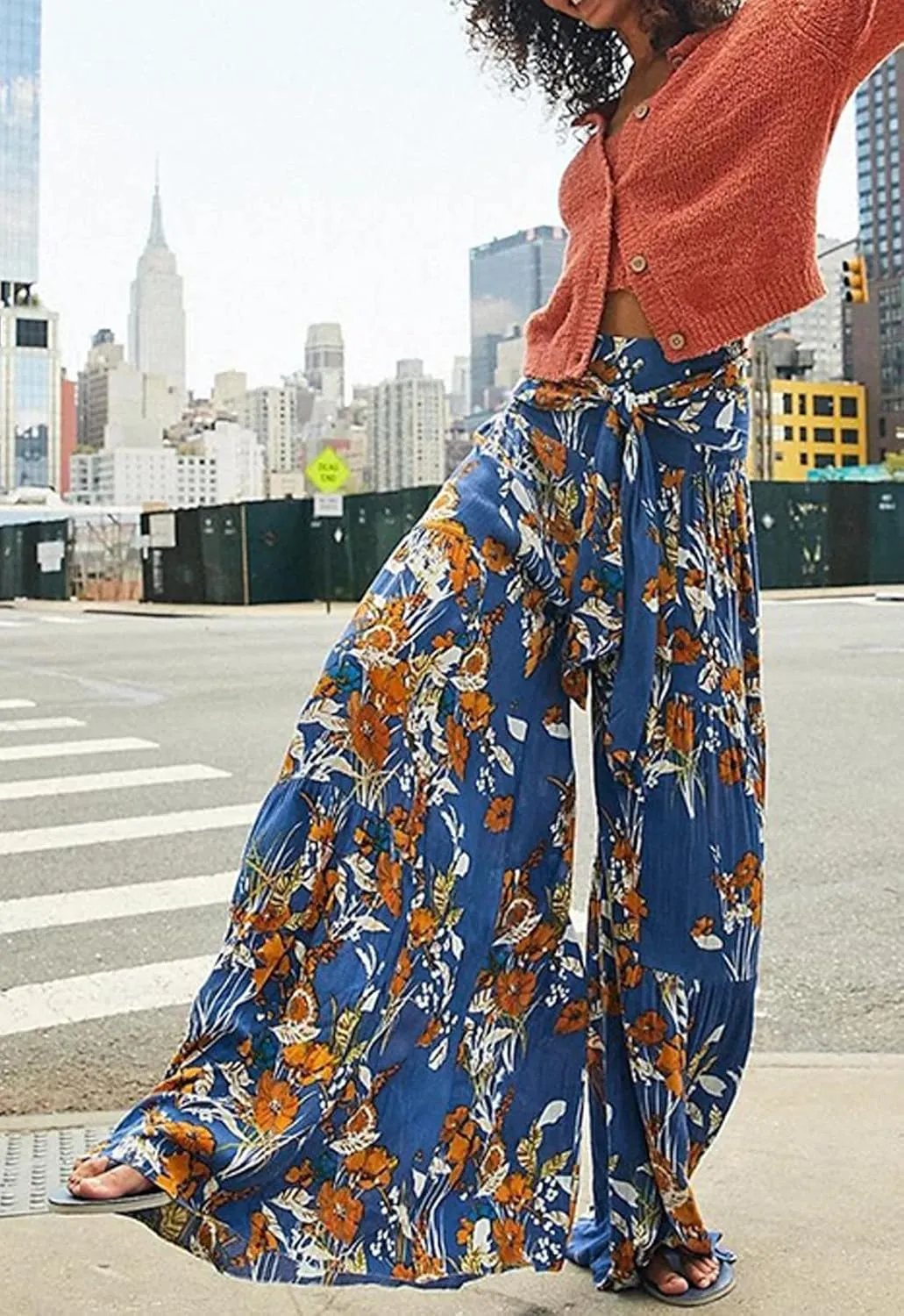 Boho Wide Leg Pants for Women High Waist Summer Flowy Beach Palazzo Pants with Belt Loose Yoga Trousers