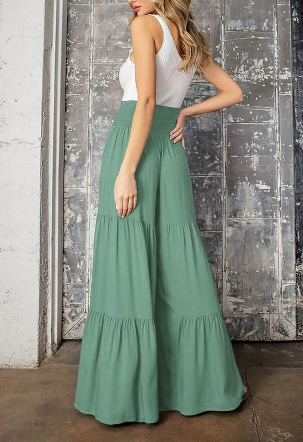 Boho Wide Leg Pants for Women High Waist Summer Flowy Beach Palazzo Pants with Belt Loose Yoga Trousers