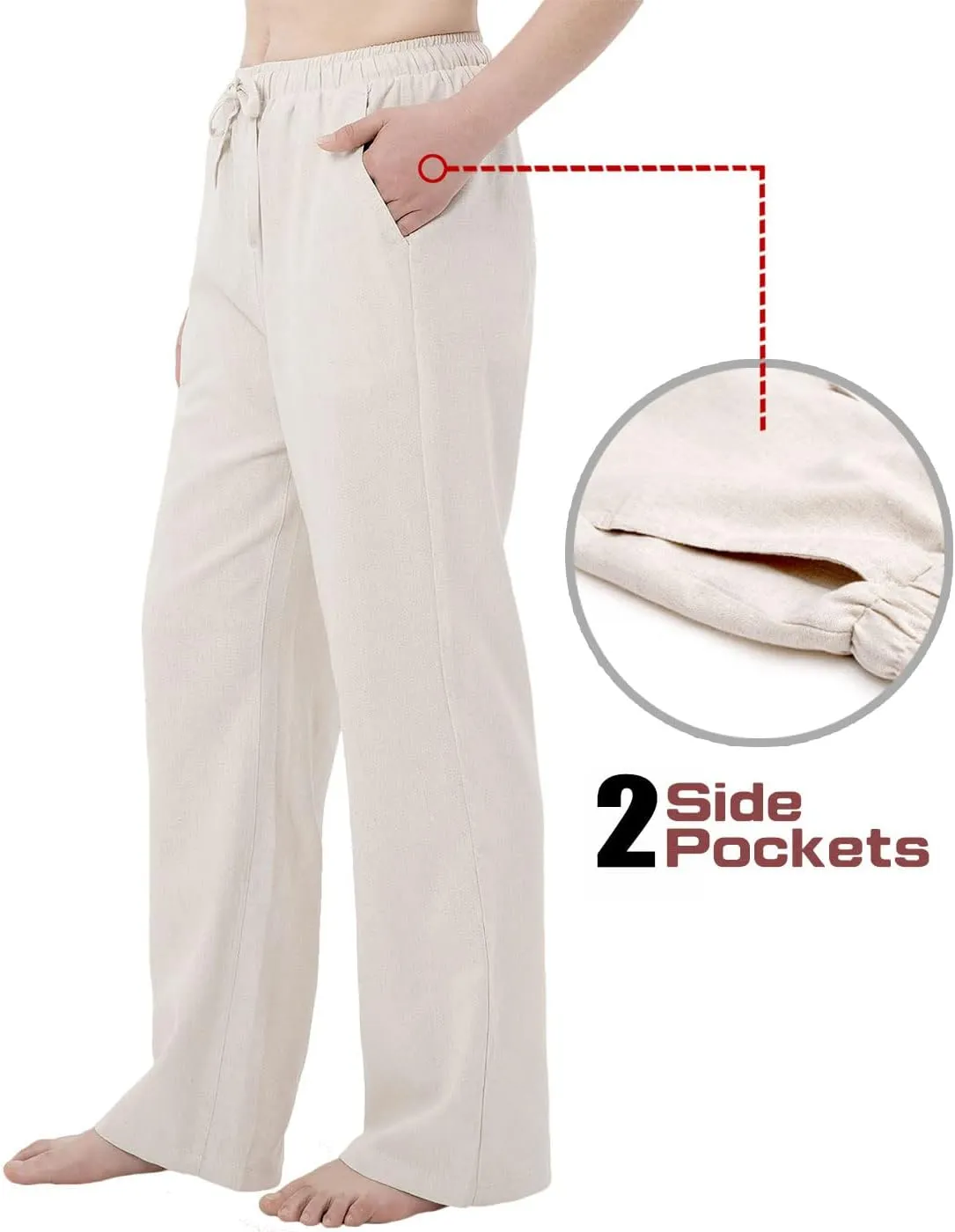 Bonnorth Women's Cotton Linen Elastic Drawstring Waist Loose Wide Leg Solid Pants with Pockets