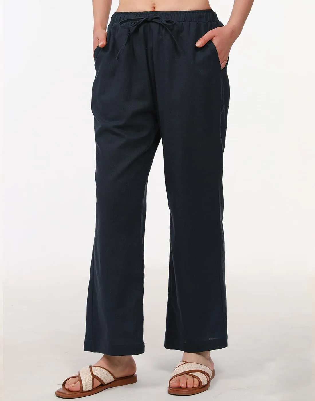 Bonnorth Women's Cotton Linen Elastic Drawstring Waist Loose Wide Leg Solid Pants with Pockets