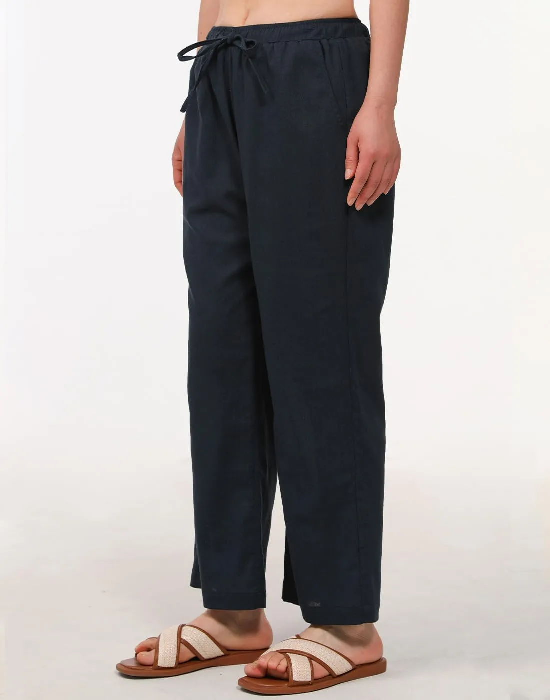 Bonnorth Women's Cotton Linen Elastic Drawstring Waist Loose Wide Leg Solid Pants with Pockets