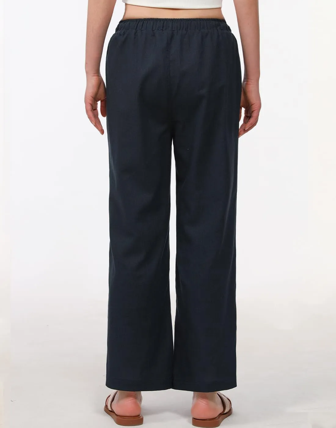 Bonnorth Women's Cotton Linen Elastic Drawstring Waist Loose Wide Leg Solid Pants with Pockets
