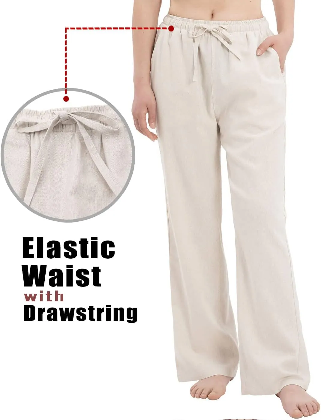 Bonnorth Women's Cotton Linen Elastic Drawstring Waist Loose Wide Leg Solid Pants with Pockets