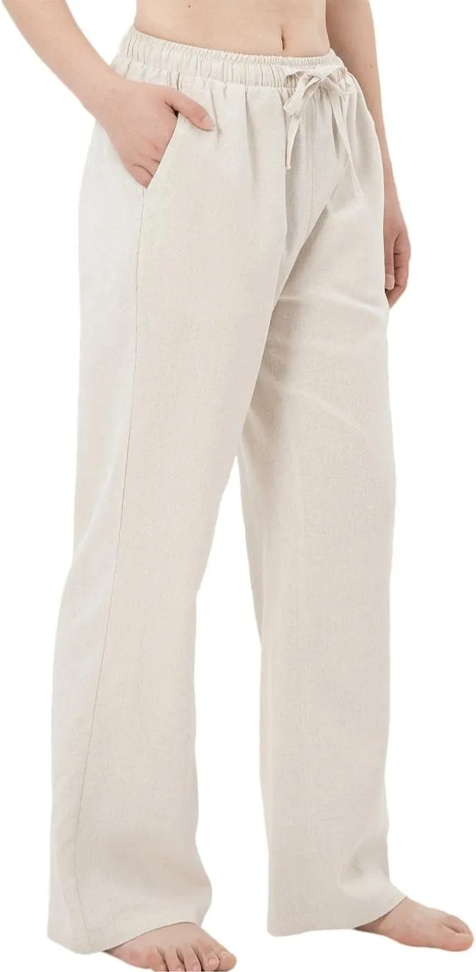 Bonnorth Women's Cotton Linen Elastic Drawstring Waist Loose Wide Leg Solid Pants with Pockets