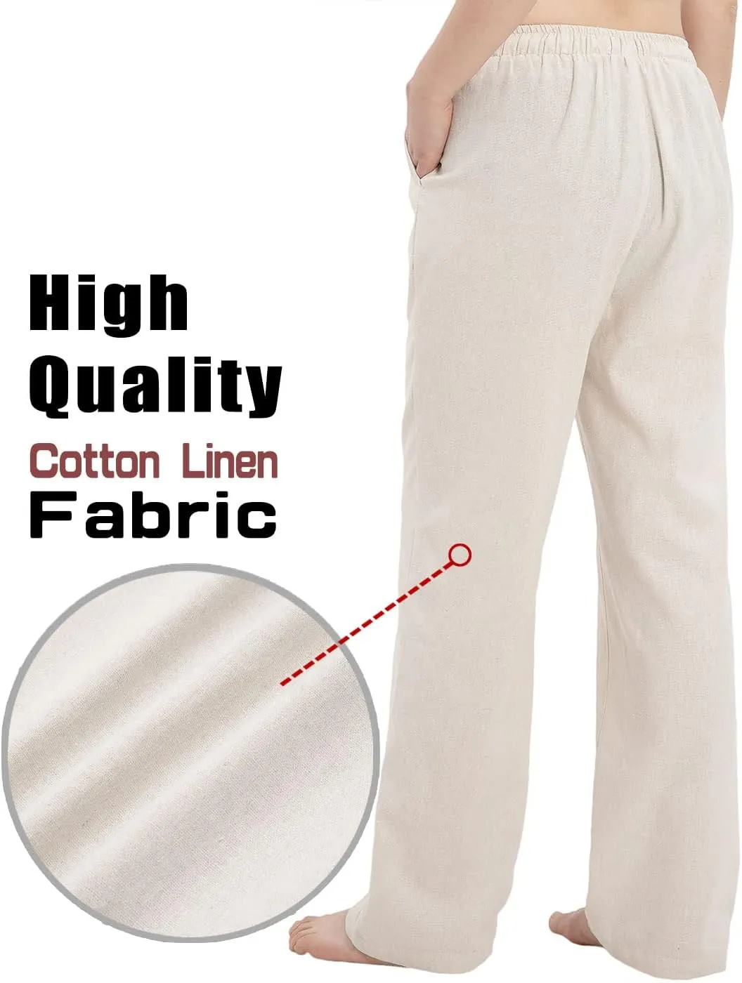 Bonnorth Women's Cotton Linen Elastic Drawstring Waist Loose Wide Leg Solid Pants with Pockets