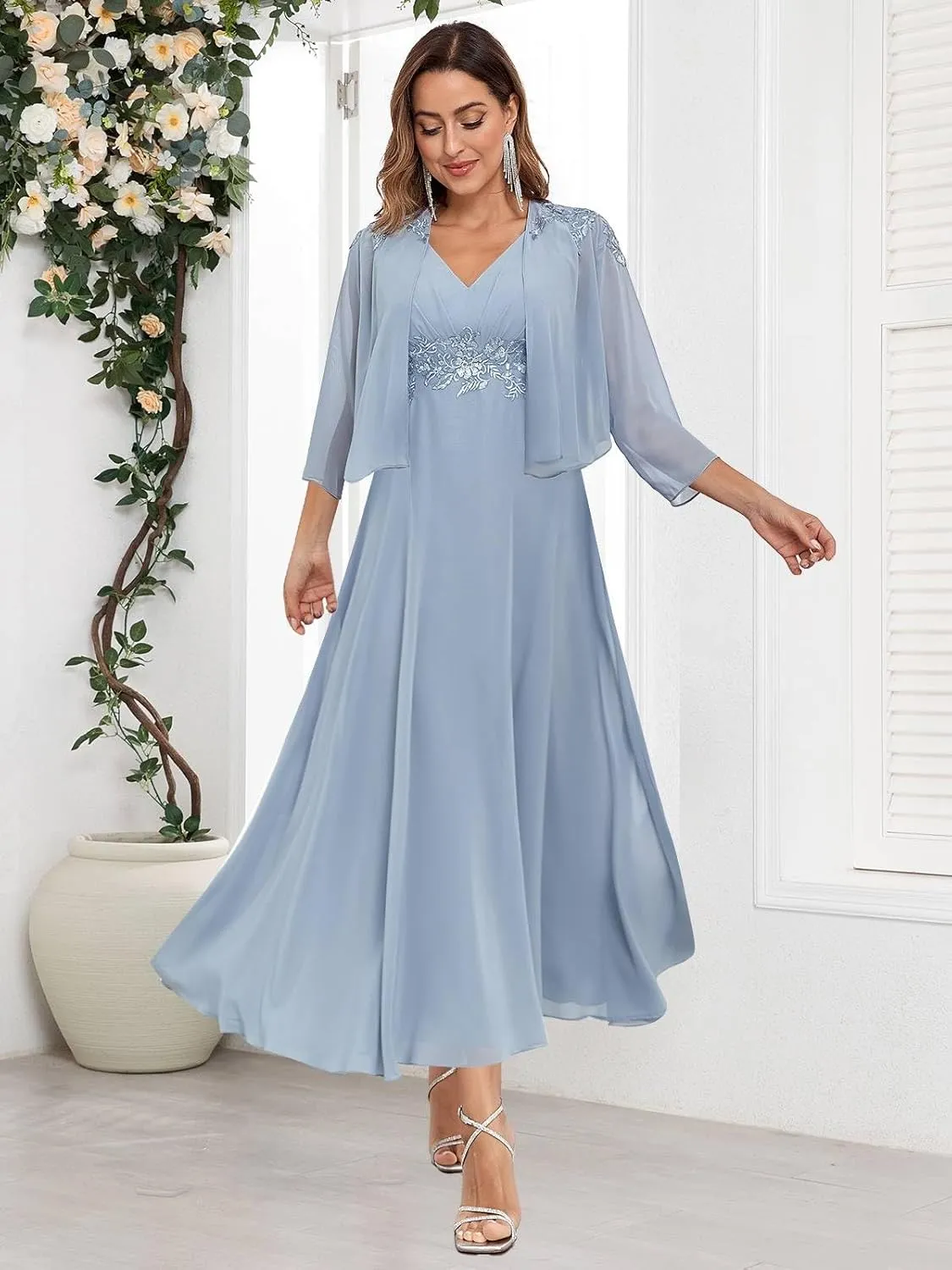 BONOYUER 2 Pieces Mother of The Groom Dress for Women with Sleeves Lace Applique Formal Wedding Guest Dress