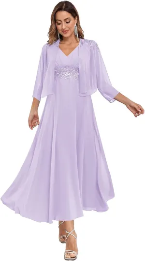 BONOYUER 2 Pieces Mother of The Groom Dress for Women with Sleeves Lace Applique Formal Wedding Guest Dress