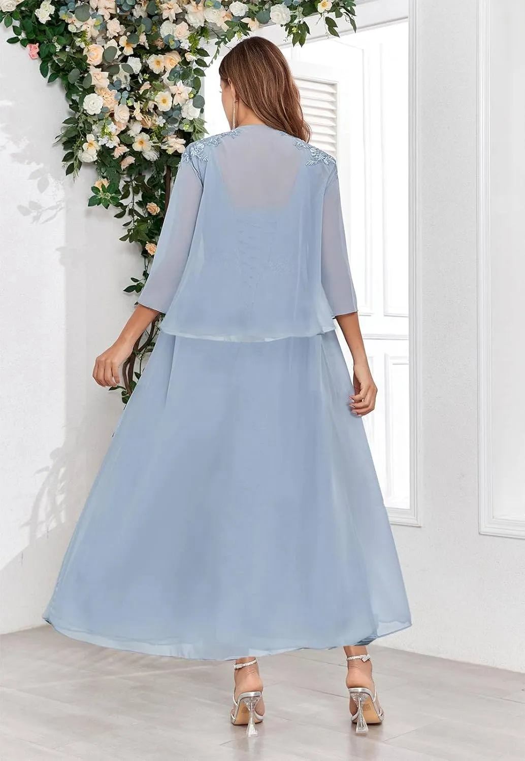 BONOYUER 2 Pieces Mother of The Groom Dress for Women with Sleeves Lace Applique Formal Wedding Guest Dress