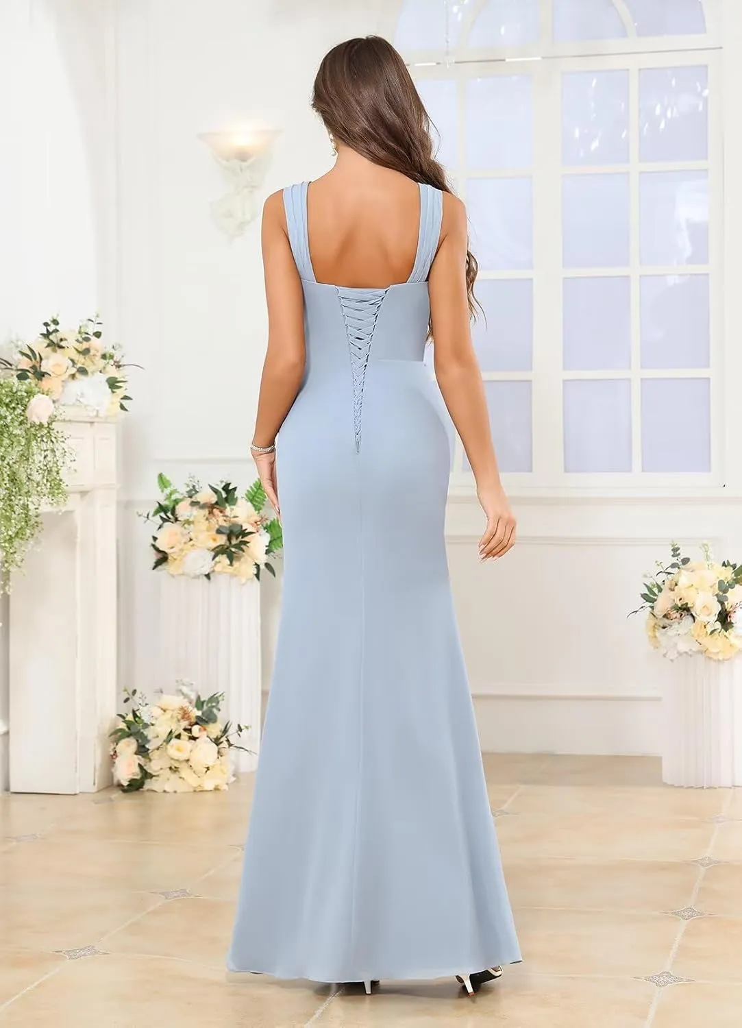 BONOYUER Sauqre Neck Bridesmaid Dresses Long for Wedding Mermaid Pleated Chiffon Formal Evening Dress with Slit