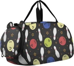 Bowling Pins and Balls Sports Duffle Bag for Girls Boys, Gym Bag with Shoe Compartment, Kids Travel Overnight Weekender Shoulder Bag