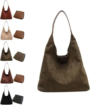 Brown Tote Bag, Tote Bags for Women Suede Hobo Bags, Womens Purse Slouchy Hobo Handbag Retro Top Handle Bags