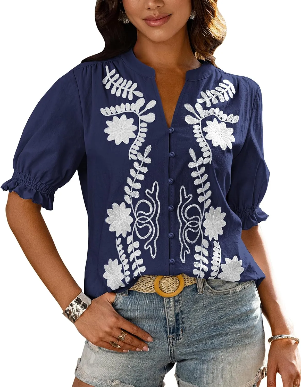 BTFBM Women's 2025 Summer Tops Casual Floral Boho V Neck Puff Short Sleeve Button Down Shirts Embroidered Blouses Tunic